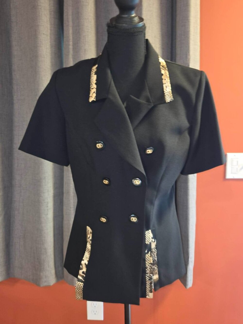 Vintage Sweet Suit Black Double Breasted Short Sleeve Blazer Animal Print Trim